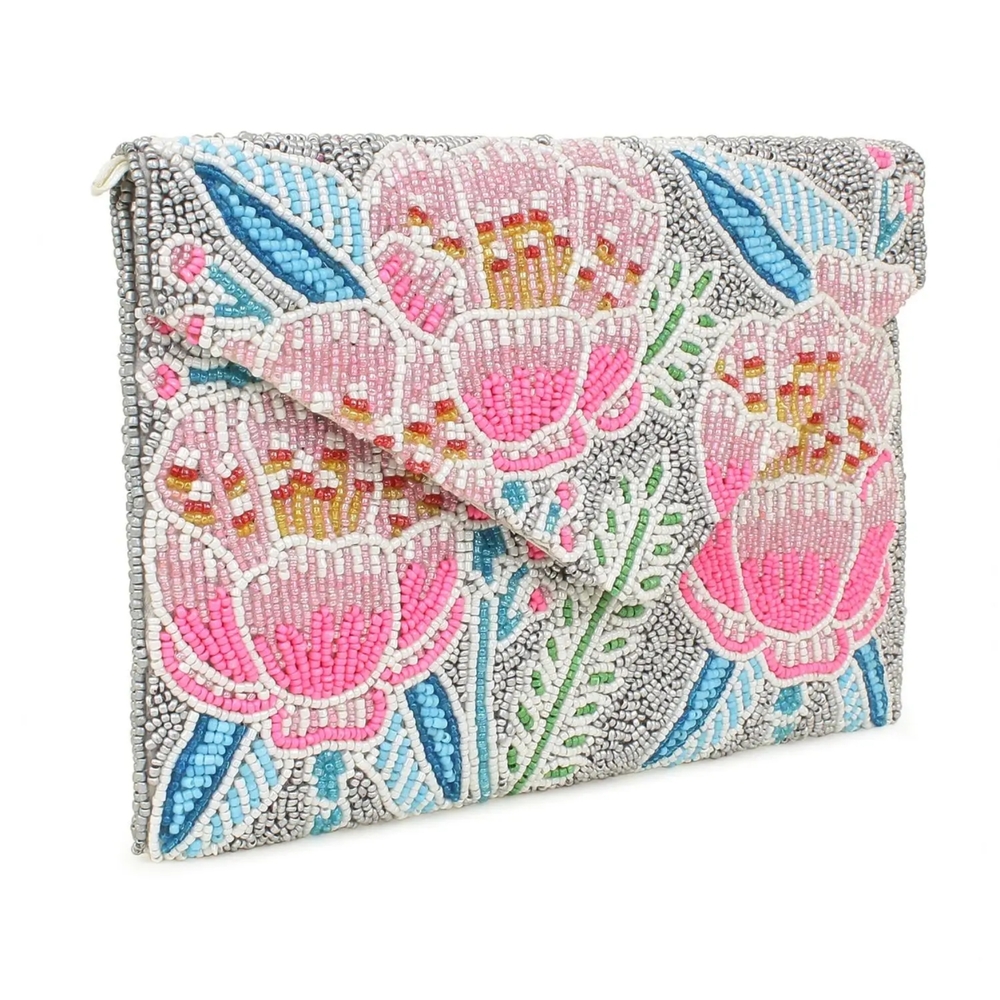 Beaded Floral Clutch in Pink and Blue